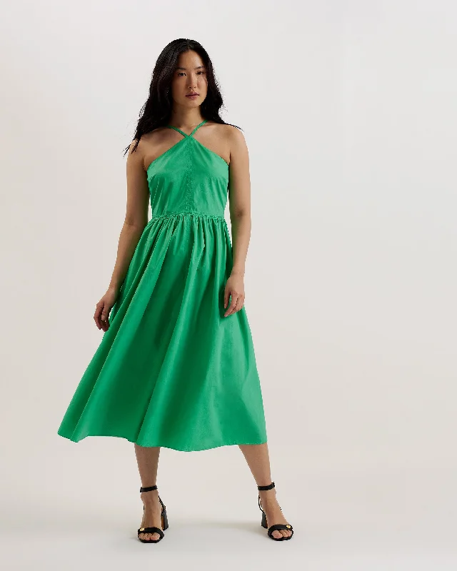 Low-waisted Dresses for Relaxed -Vari Halterneck A-Line Midi Dress Green