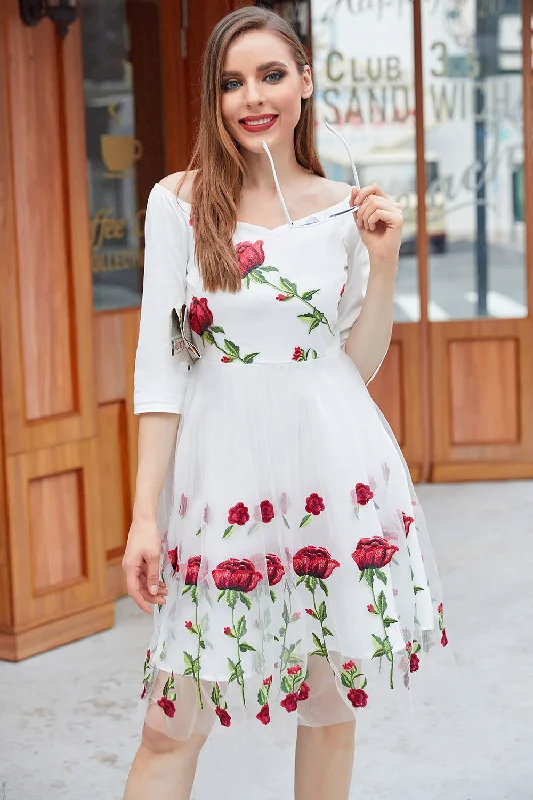 Black Dresses for Versatile -White V Neck Vintage Dress with Rose Embroidery