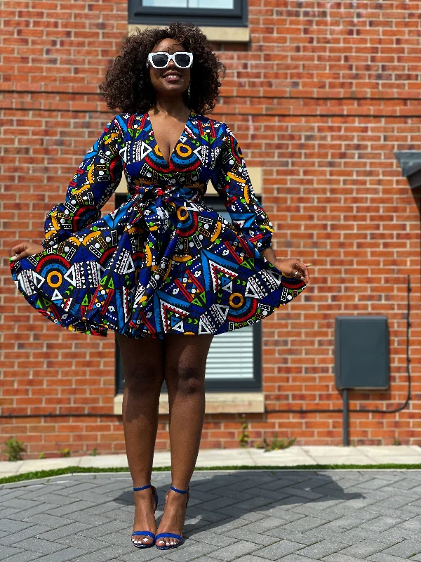 Denim Dresses for Casual Style -Bani Ankara Mini Dress | Blue and White Multicolored African tribal Print