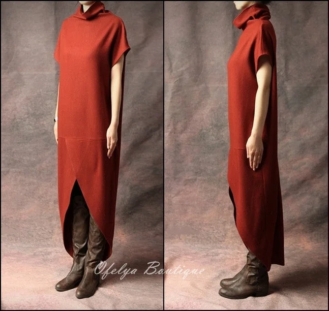 Wool Dresses for Warmth -Original Design Red,Black,Grey Swallowtail Loose Stretch Cotton WoolBlend Theatrical Kaftan Dress