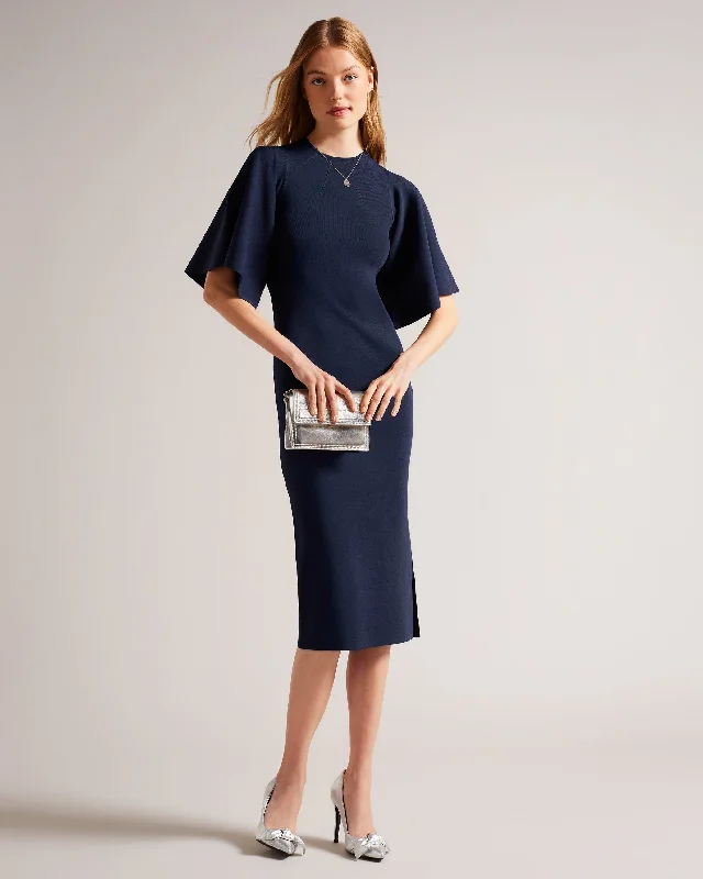 Formal Dresses for Occasions -Lounia Fluted Sleeve Knitted Bodycon Midi Dress Dk-Blue