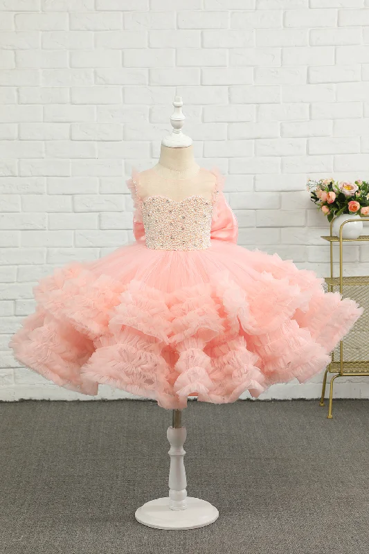 Mother's Day Dresses for Gift -Pink Beading Tulle Flower Girl Dress with Bow