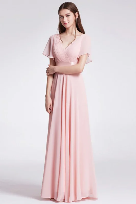 Fashionable Dresses for Style -V Neck Pink Bridesmaid Dress with Ruffles