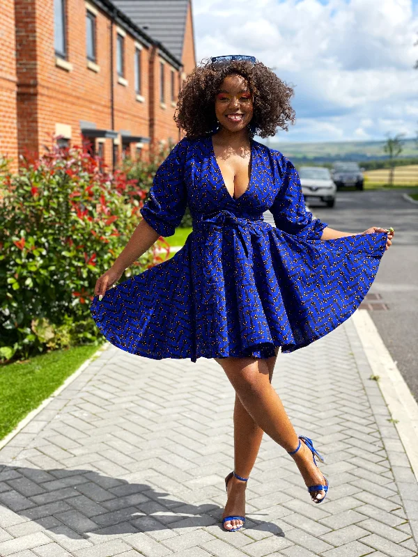 Wool Dresses for Warmth -Barbie Ankara Short Mini Dress | Blue African Print