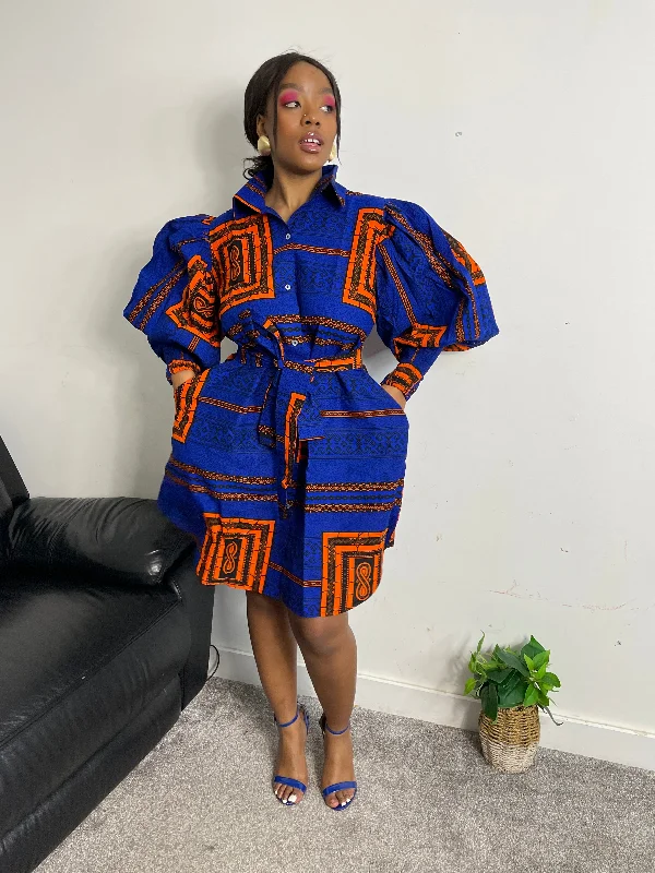 Vintage Dresses for Nostalgia -Jessi Ankara Shirt Dress | Blue and Orange African Print