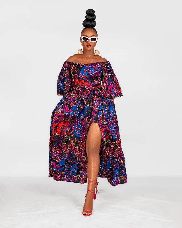 Purple Dresses for Royalty -Nana Ankara Off Shoulder Maxi Dress | Blue and Pink Multicoloured African Print