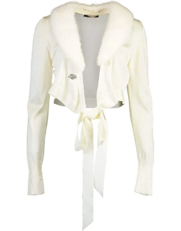 Formal - event cardigan for an elegant presence -White Fur Collar Cropped Cardigan