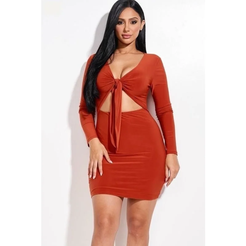 Long-sleeved Dresses for Coverage -Sexy Fashion Women's Solid Rust Color Long Sleeves Front Tie Mini Dress