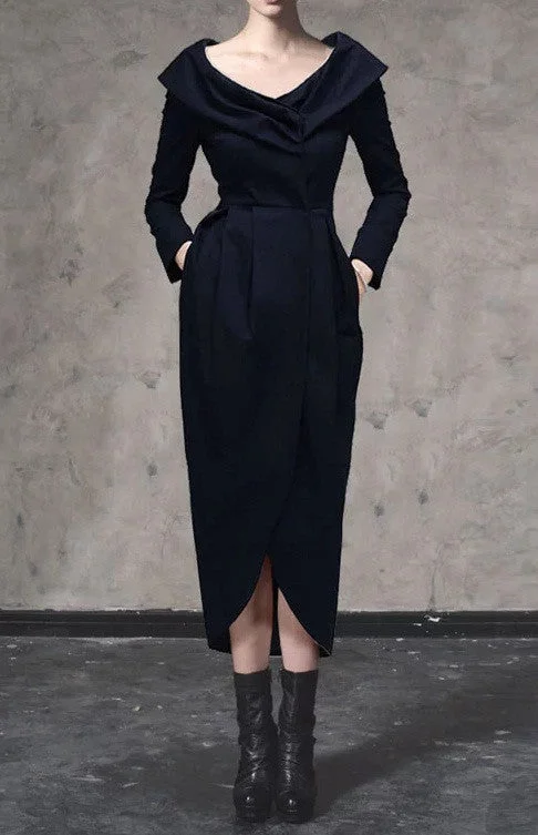 High-waisted Dresses for Flatter -Women Draped Pleating Asymmetric Hem Woolen Dress Jacket