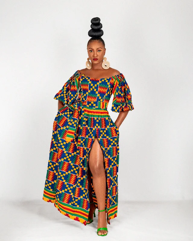 Cotton Dresses for Comfort -Nicole Ankara Off Shoulder Maxi Dress | Kente Multicoloured African Print