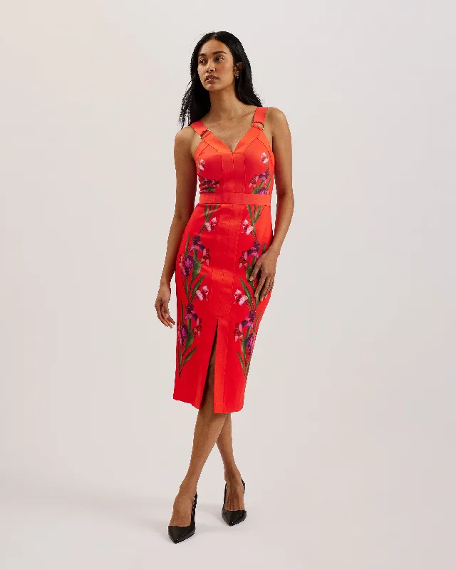 Sundress Dresses for Sunny -Maceio Printed Bodycon Midi Dress Brt-Red