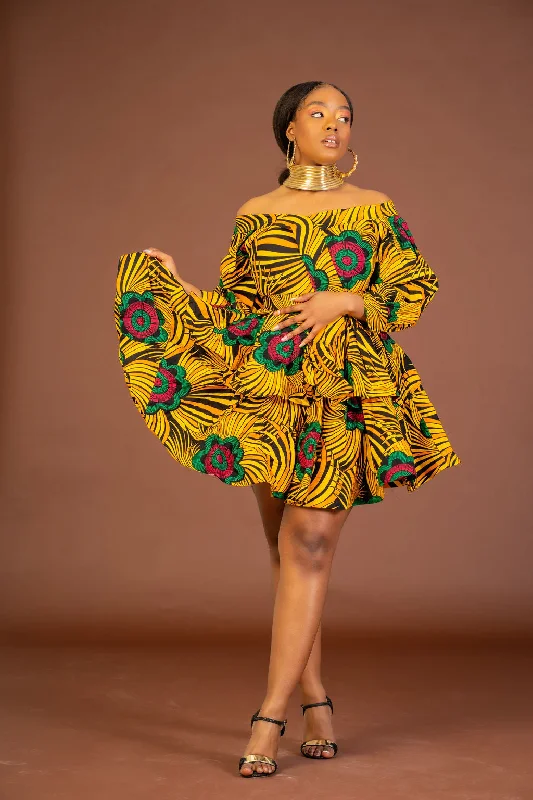 Retro Dresses for Throwback -Abisoye Ankara short Midi Flare Dress | Yellow African Print