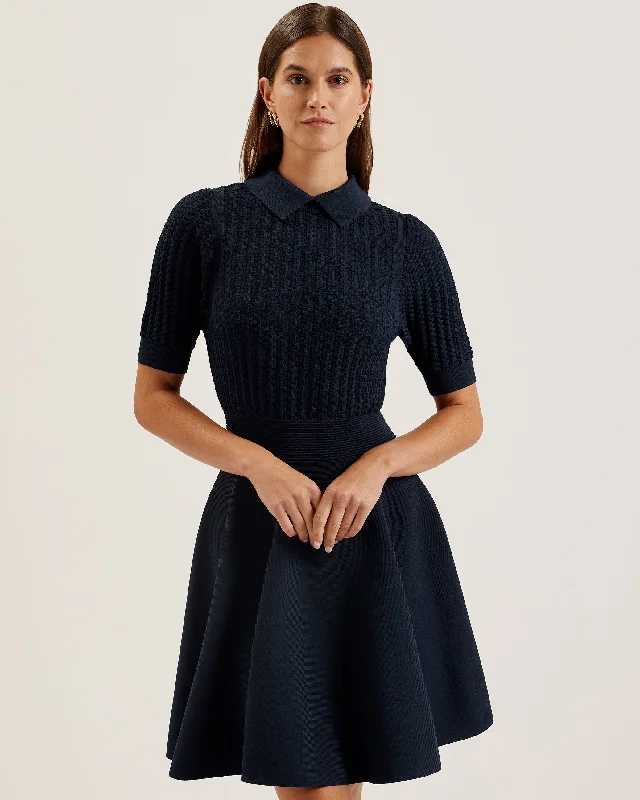 Christmas Dresses for Holiday -Miiaaa Knitted Skater Dress With Collar Navy