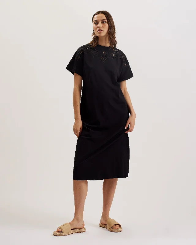 Contemporary Dresses for Fashion -Salyha Embroidered Cut Out Midi Tshirt Dress Black