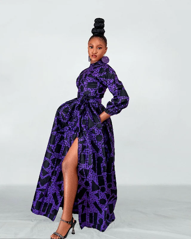 Long-sleeved Dresses for Coverage -Raya Ankara Maxi Dress | Purple and Black African Print