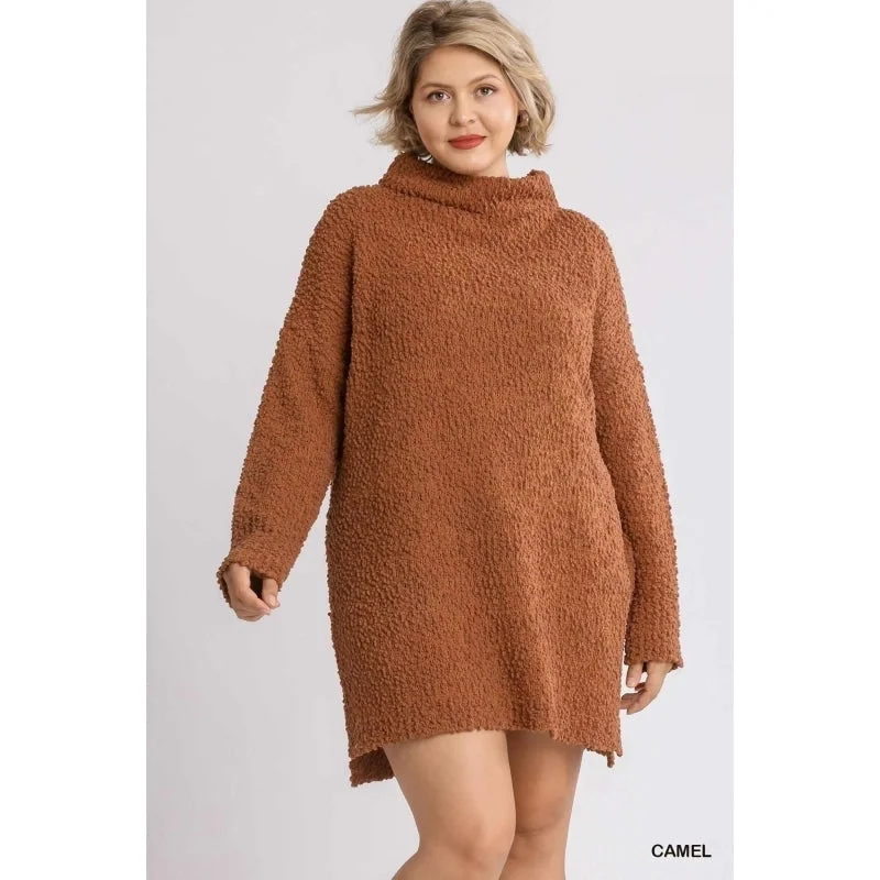 Khaki Dresses for Casual -Women's Camel High Cowl Neck Bouclé Long Sleeves Sweater Dress