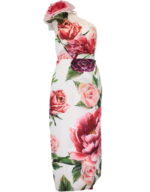 Nylon Dresses for Stretchable -One Shoulder Floral Printed Dress