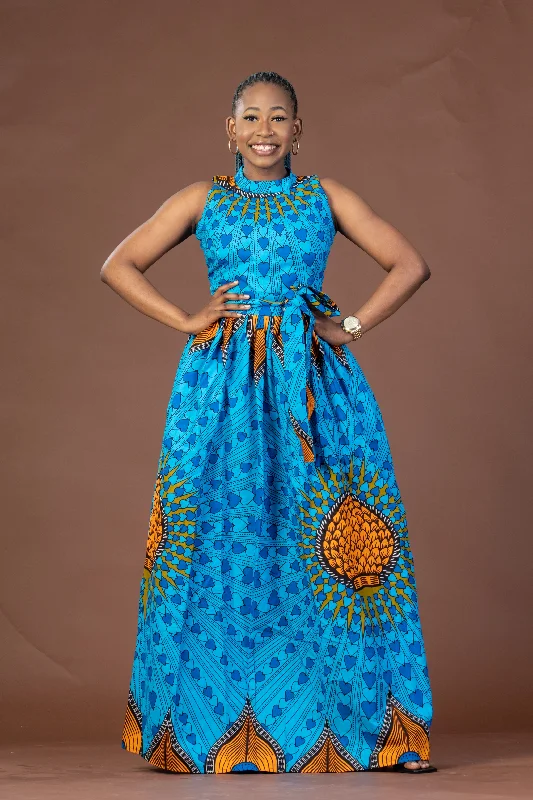 Low-waisted Dresses for Relaxed -Clara Ankara Maxi Dress | Blue African Print