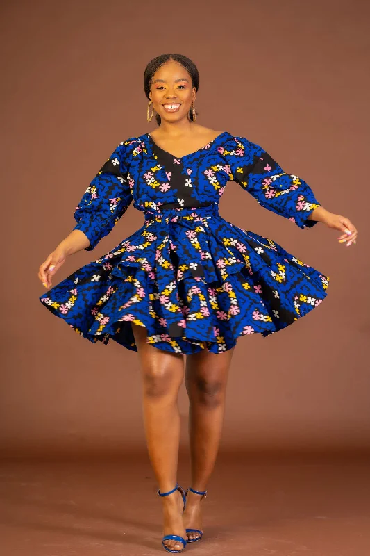 Floral Dresses for Romantic -Abbey Ankara Short flare Dress | Blue African Print