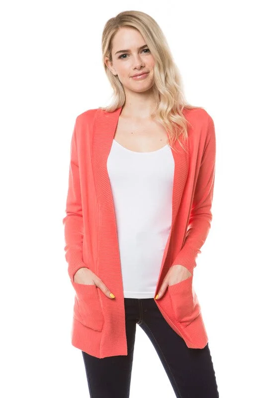 Beige - cardigan for a neutral and versatile option -Open Front Cardigan (Coral-Orange)