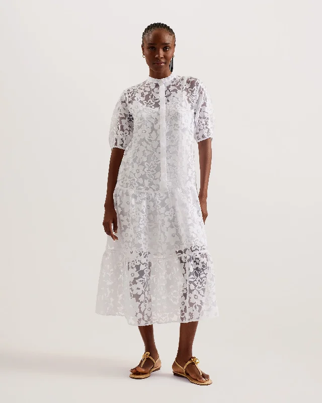 Abstract Dresses for Creative -Claarey Tiered Button Through Midi Dress White