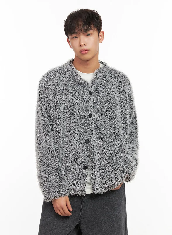 Open - front cardigan for a relaxed look -Men's Fuzzy Buttoned Cardigan ID427