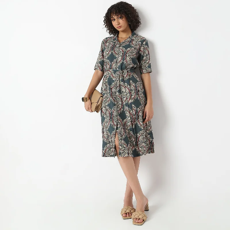 Sheath Dresses for Sophisticated -Flare Fit Foliage Print Camp Collar Dress