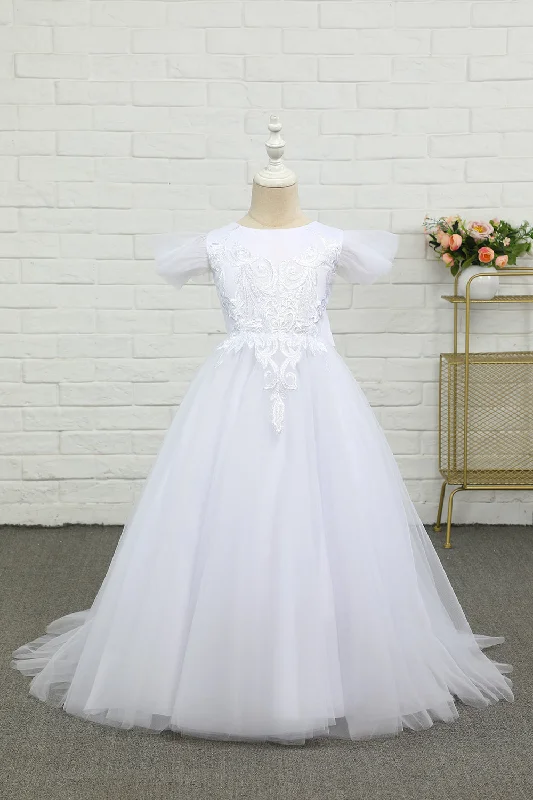 Striped Dresses for Fashionable -White Tulle Floor Length Flower Girl Dress