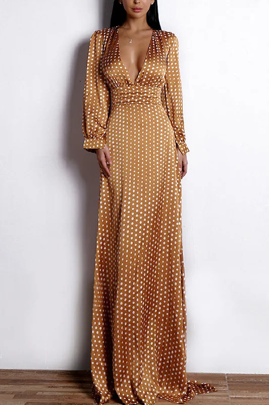 Shift Dresses for Simple Look -Yellow Polka Dots Long Sleeves Bohemian Dress