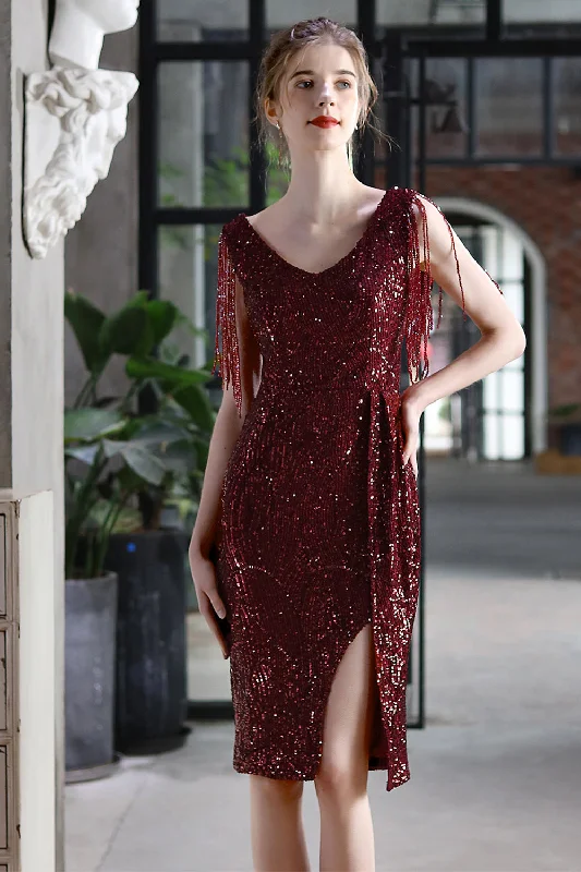 Party Dresses for Celebration -Burgundy Bodycon Sequin Cocktail Party Dress with Fringe