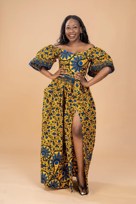 Khaki Dresses for Casual -Tinsley Ankara Off shoulder Maxi Dress | Yellow and Blue African Print