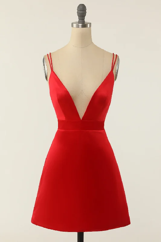 Modern Dresses for Trendy -Red Satin V-neck Cocktail Dress