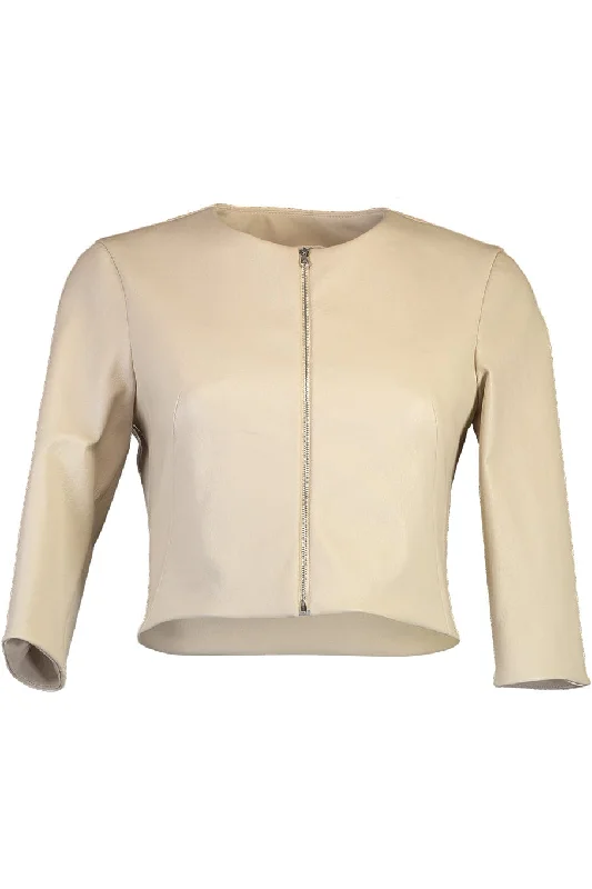 Machine - knitted cardigan for durability -Stretch Leather Cardigan Jacket - Latte