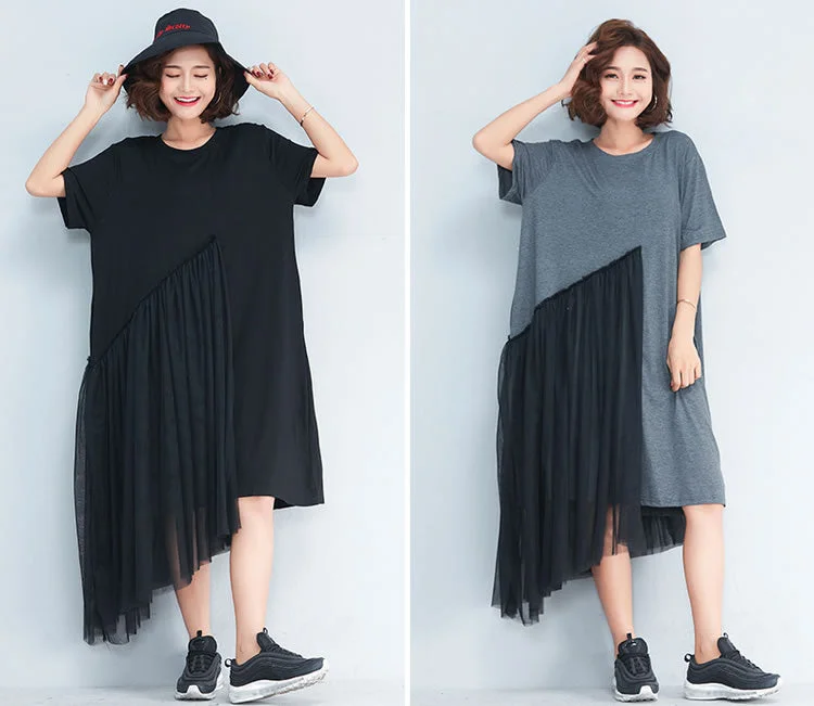 Green Dresses for Nature -Short Sleeve Korean Style Dress O-neck Patchwork Mesh Irregular Women Dress