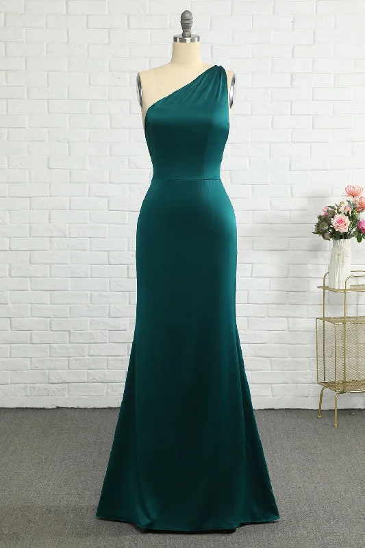 Printed Dresses with Patterns -Mermaid One Shoulder Dark Green Long Bridesmaid Dress