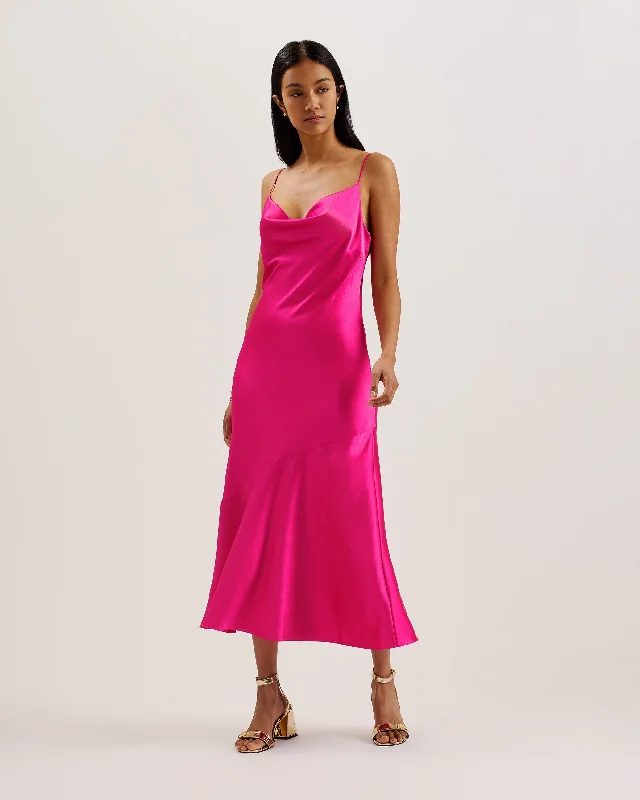 Sequined Dresses for Sparkle -Tunca Satin Cowl Neck Evening Midi Dress Brt-Pink