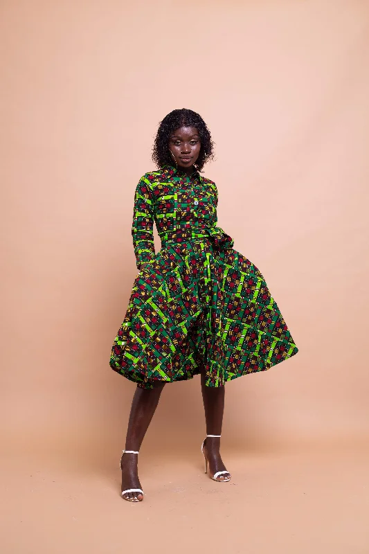 Linen Dresses for Breathable -Eva Ankara Button Down Shirt Dress | Green and Red African Print