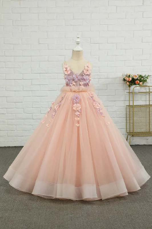 Halter Dresses for Chic Style -Pink Tulle Spaghetti Straps Flower Girl Dress