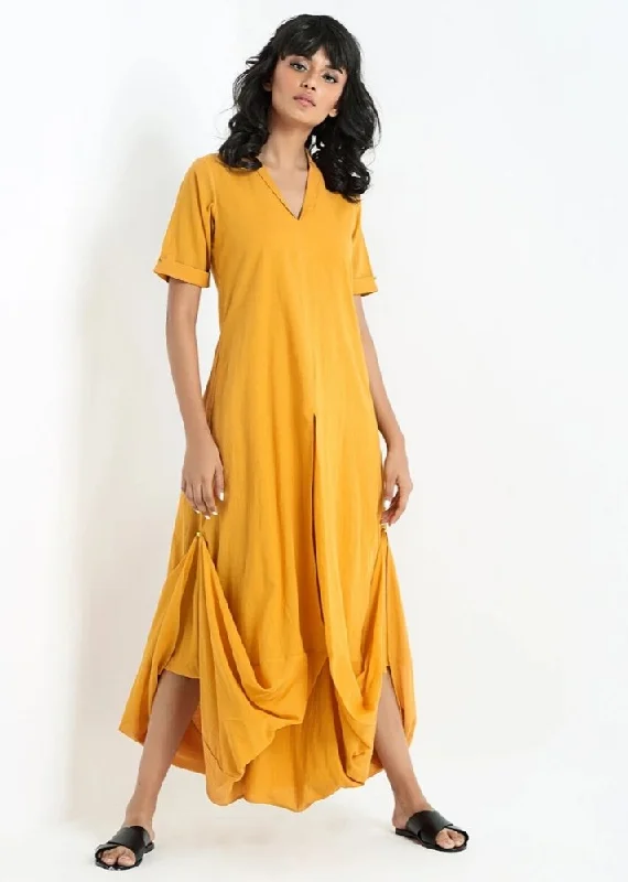 Faux Leather Dresses for Affordable -Yellow cowl and drape dress