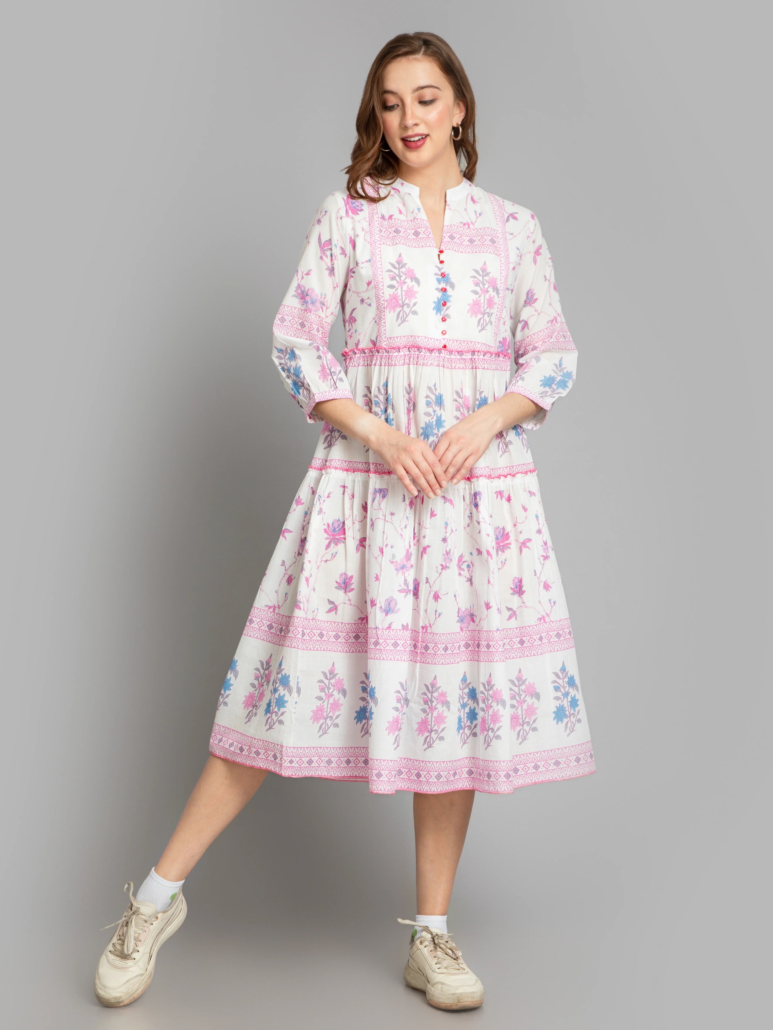 Pink Dresses for Feminine -SUTI WOMEN MUL COTTON PLACEMENT PRINT LONG DRESS