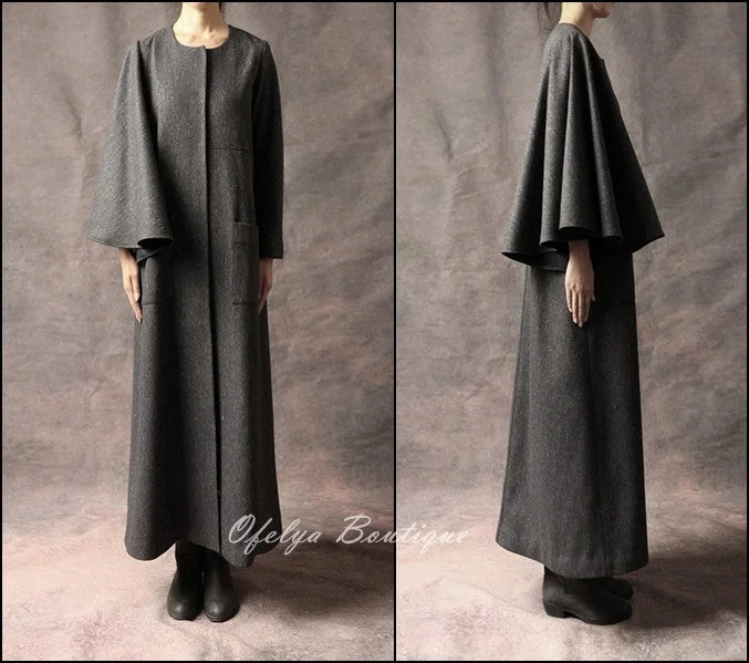 Cotton Dresses for Comfort -Oversized Big Dress With Two Pockets Stretch Cotton Asymmetric Cape Sleeve Coat/ Winter Woolblend Coat