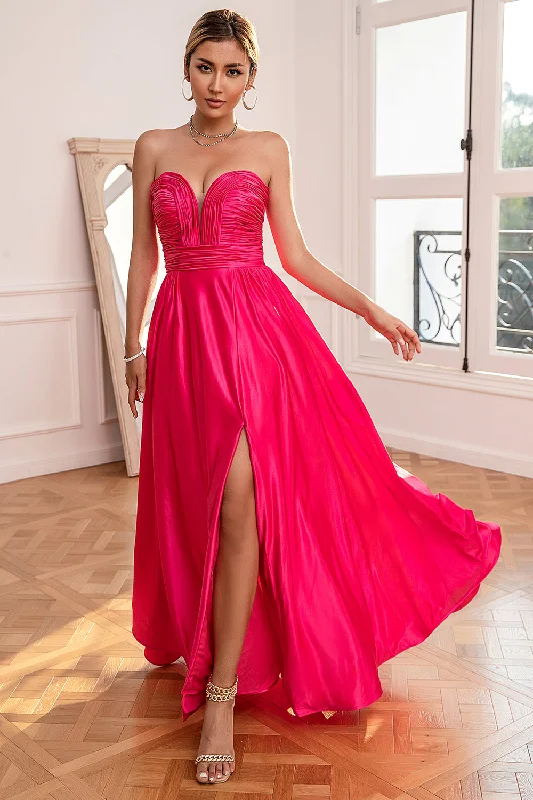 Office Dresses for Business -Fuchsia Strapless Prom Dress with Slit