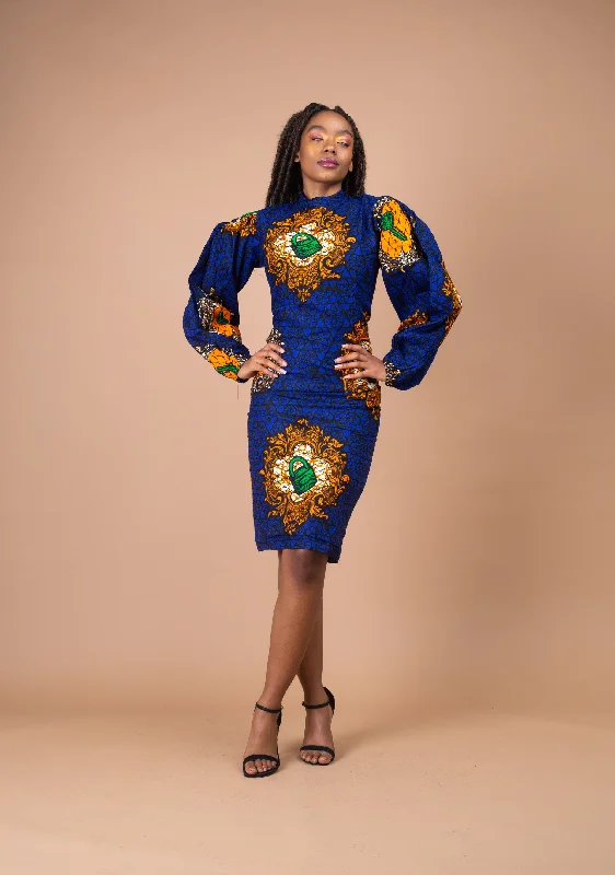 Wrap Dresses for Adjustable -Machie Ankara Midi Pencil Dress | Blue African Print