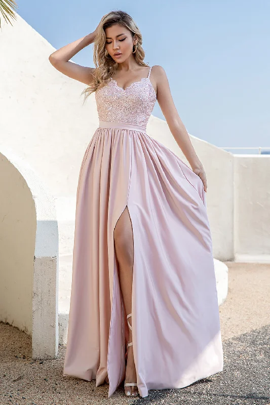 Embroidered Dresses for Detailed -Blush A Line Spaghetti Straps Sequins Long Bridesmaid Dress with Slit