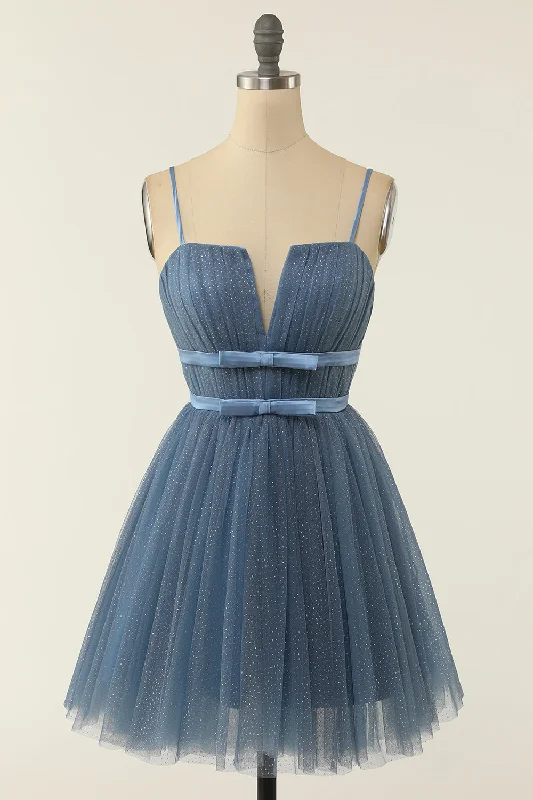 Tiered Dresses for Voluminous -A Line Spaghetti Straps Blue Grey Short Homecoming Dress