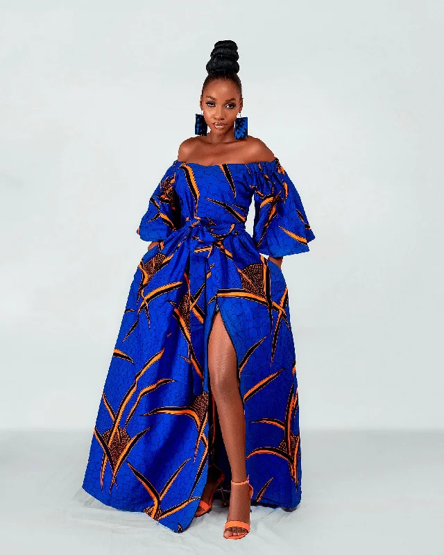 Cotton Dresses for Comfort -Toni Ankara Off shoulder Maxi Dress | Blue and Orange African Print