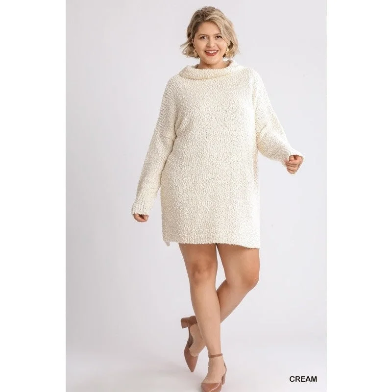 Orange Dresses for Energetic -Women's Cream High Cowl Neck Bouclé Long Sleeves Sweater Dress