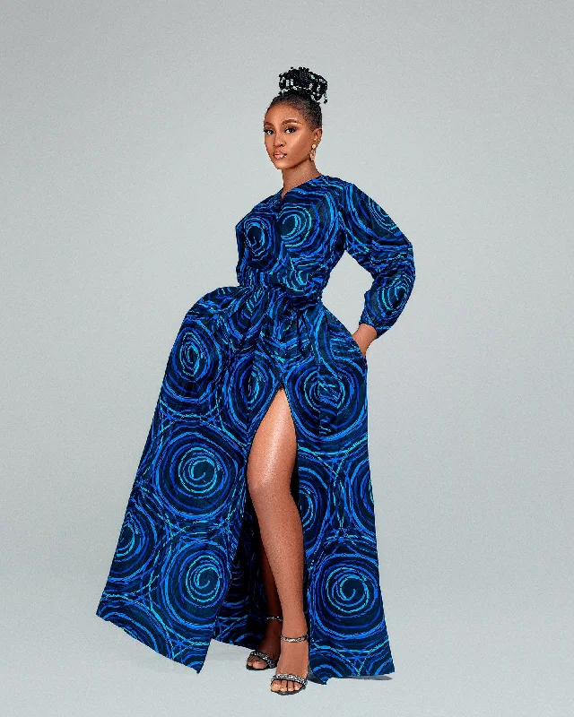 Wool Dresses for Warmth -Allie Ankara Maxi Dress| Blue Spiral Print