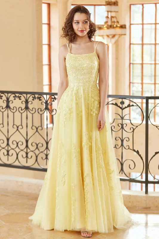 Polyester Dresses for Durable -Gorgeous A Line Spaghetti Straps Yellow Long Prom Dress with Appliques