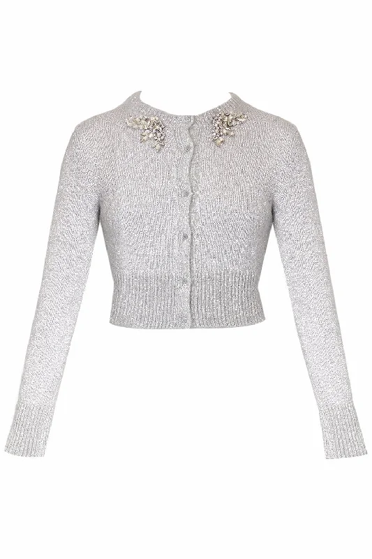 Lace - trimmed cardigan for a romantic look -Embellished Cropped Cardigan - Silver